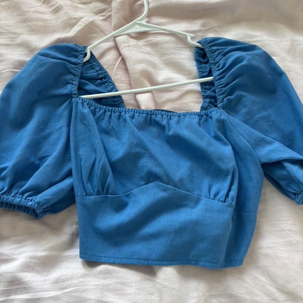 SHEIN Women's Medium Blue Crop-Top Tie Open Back Blouse Puff Sleeves
